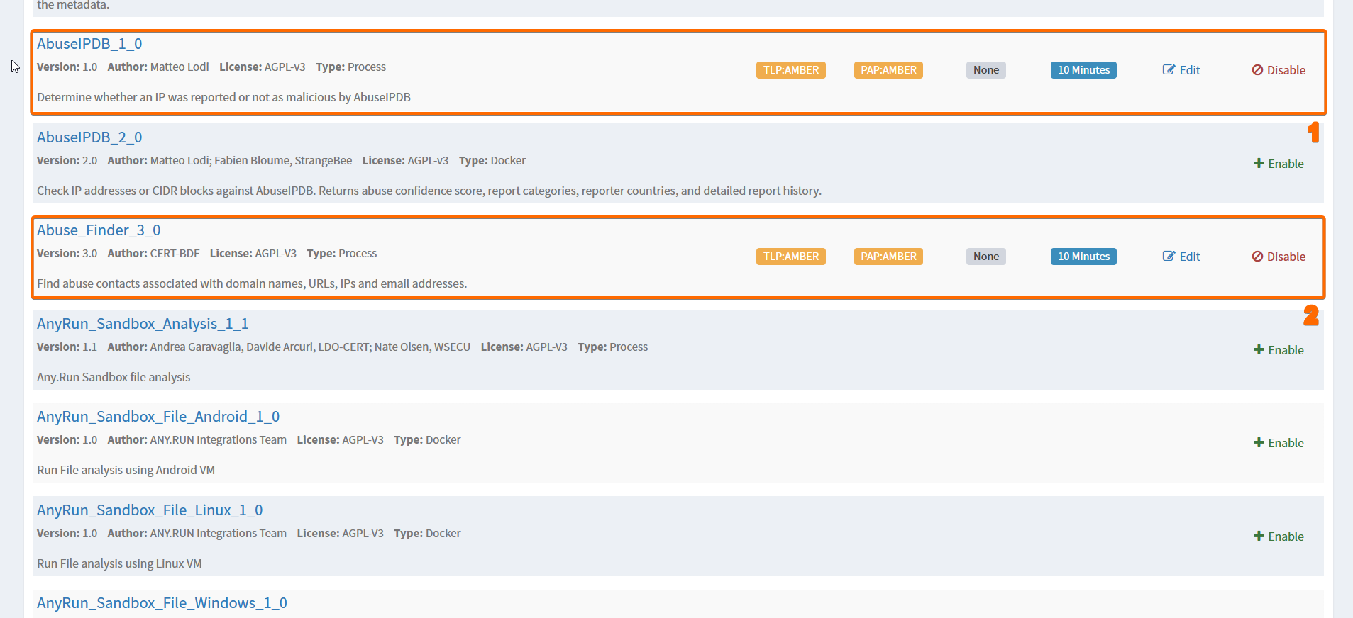 Analyzers AbuseIPDB y Abuse_Finder habilitados en Cortex