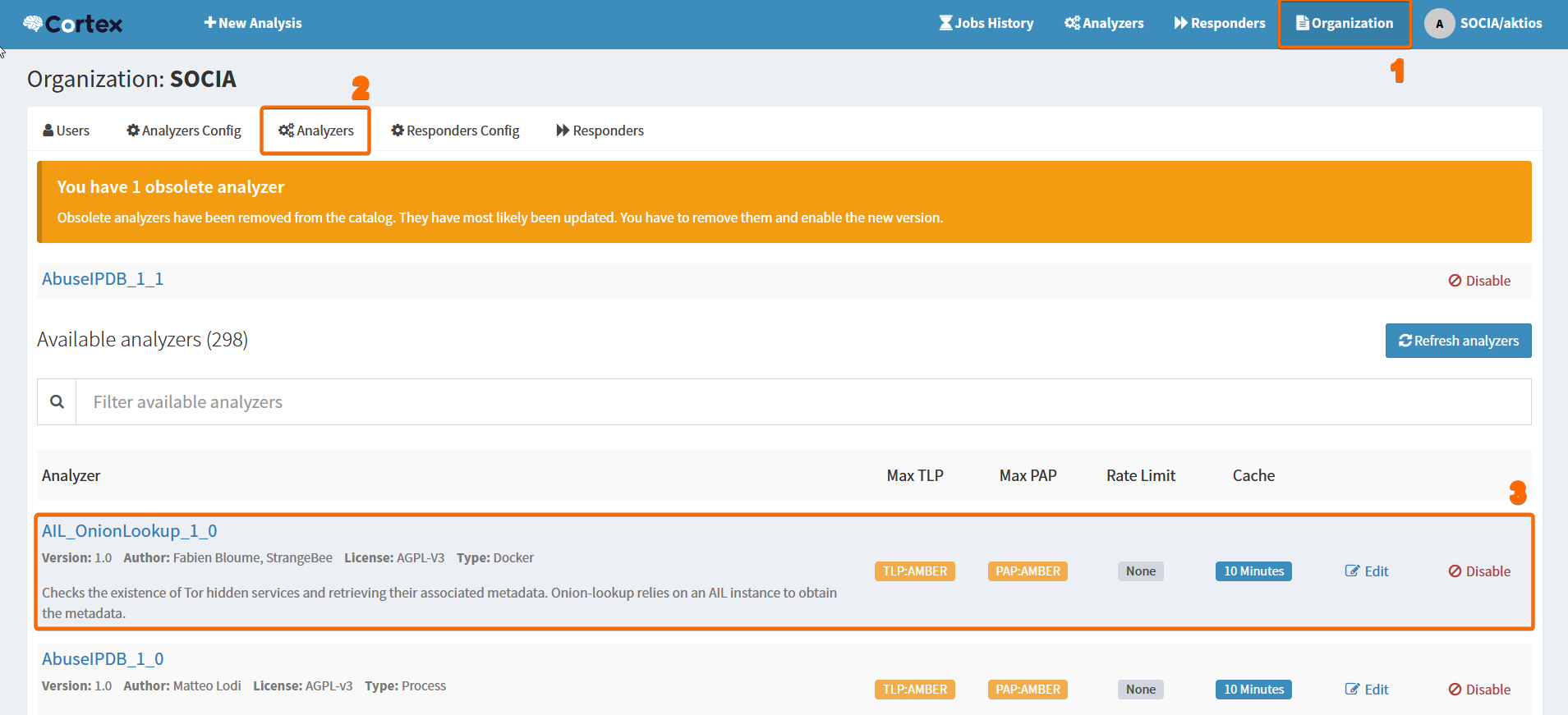Analyzer AIL OnionLookup habilitado en Cortex