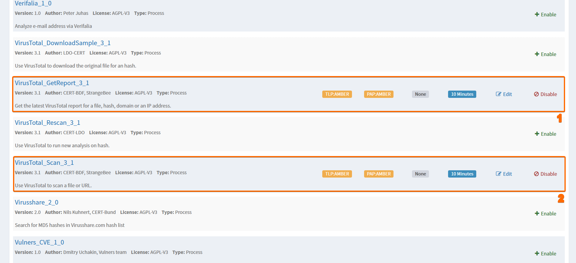 Analyzers VirusTotal GetReport y Scan habilitados en Cortex