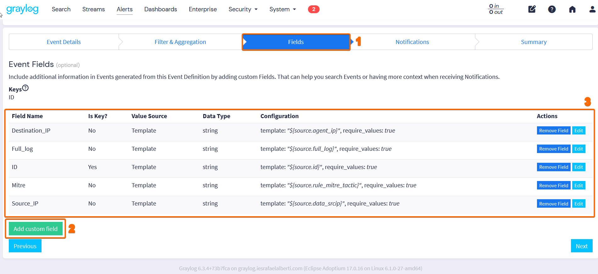 Campos personalizados Destination_IP, Full_log, ID, Mitre y Source_IP