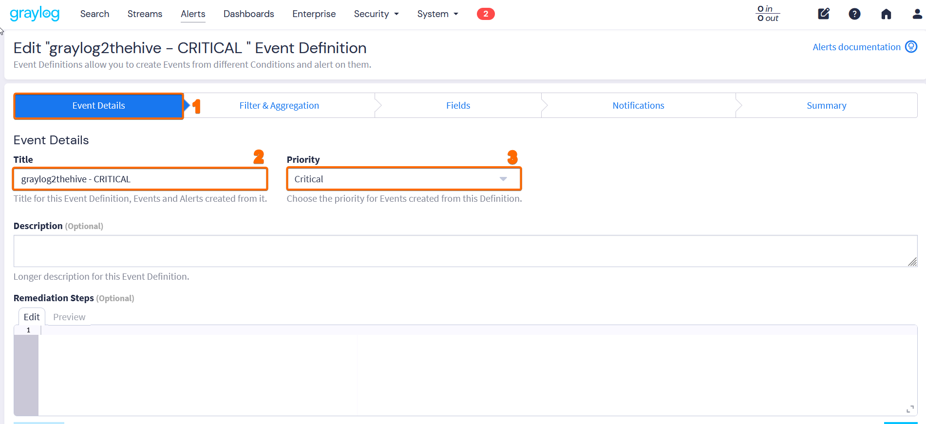 Detalles del evento graylog2thehive CRITICAL con prioridad Critical