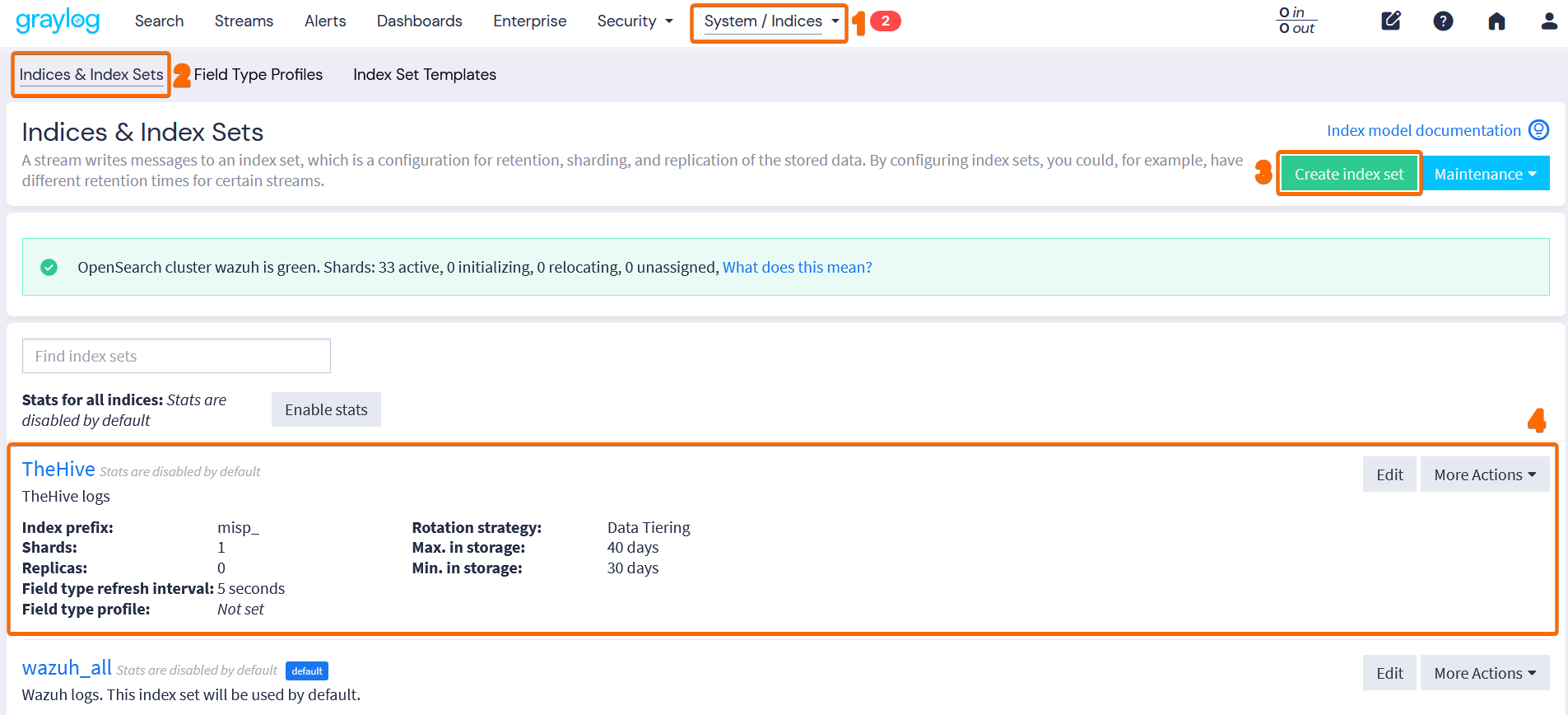 Index set TheHive en Graylog