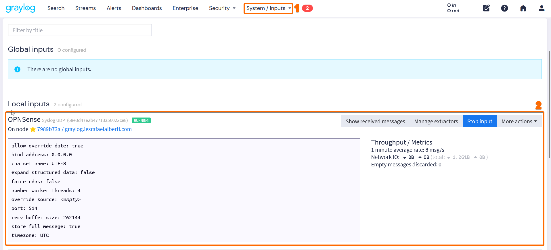 Input OPNsense configurado en Graylog