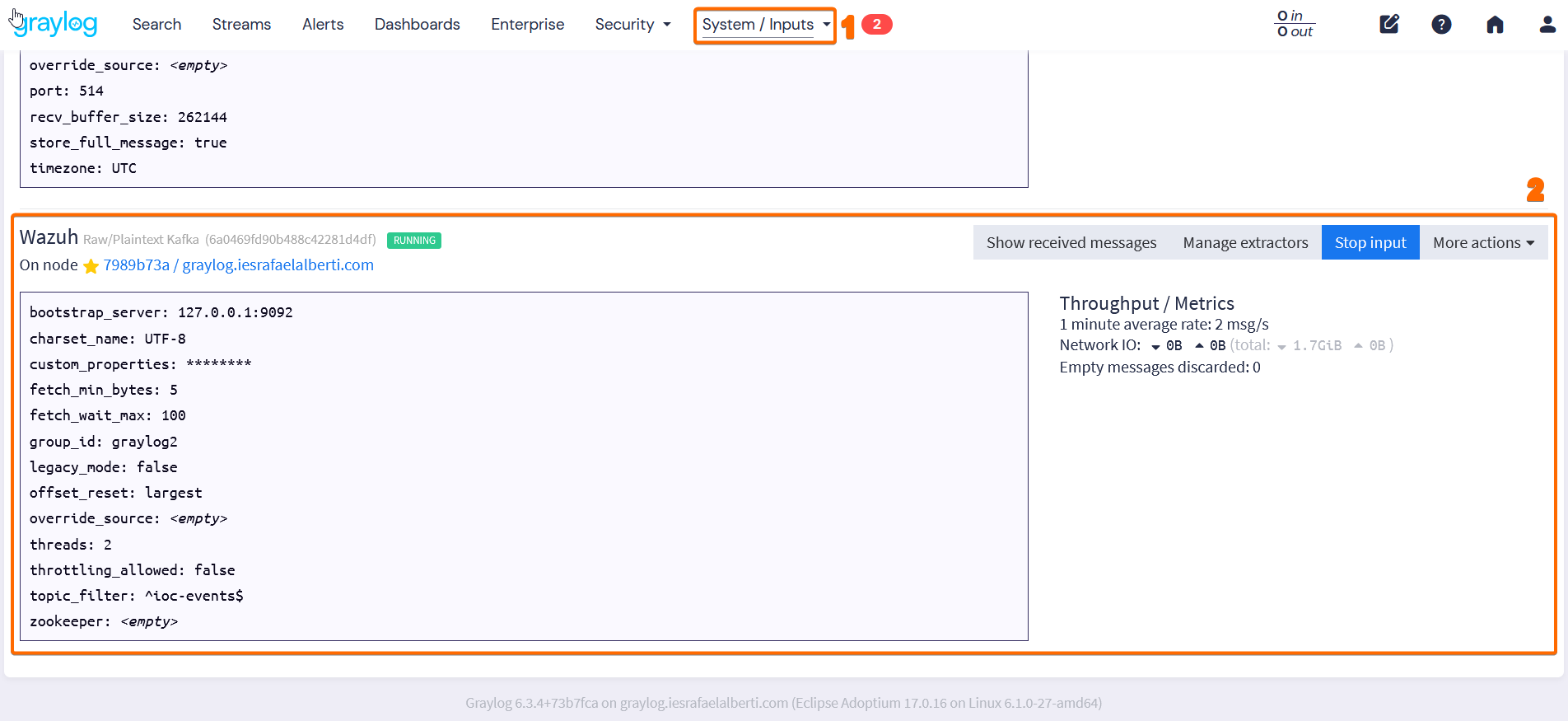 Input Wazuh configurado en Graylog