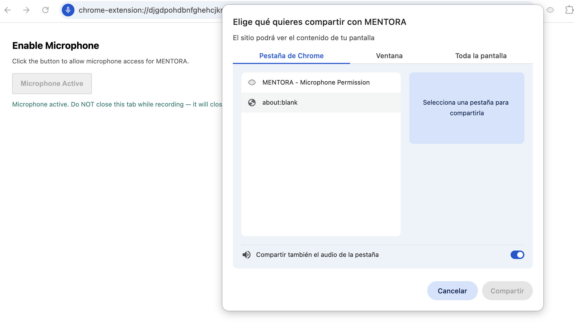 Selector del navegador para compartir pantalla con MENTORA y pestaña de permiso de micrófono
