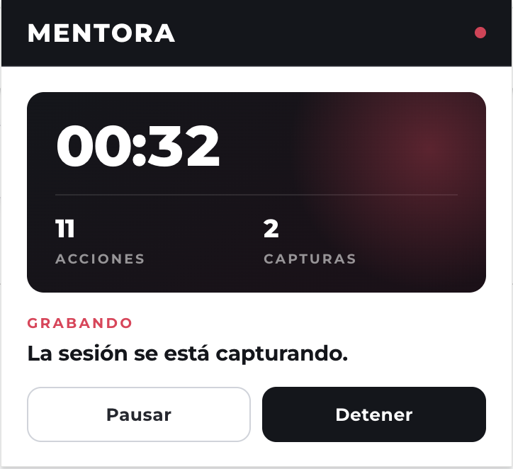 Popup de MENTORA durante una grabación con temporizador, acciones y capturas