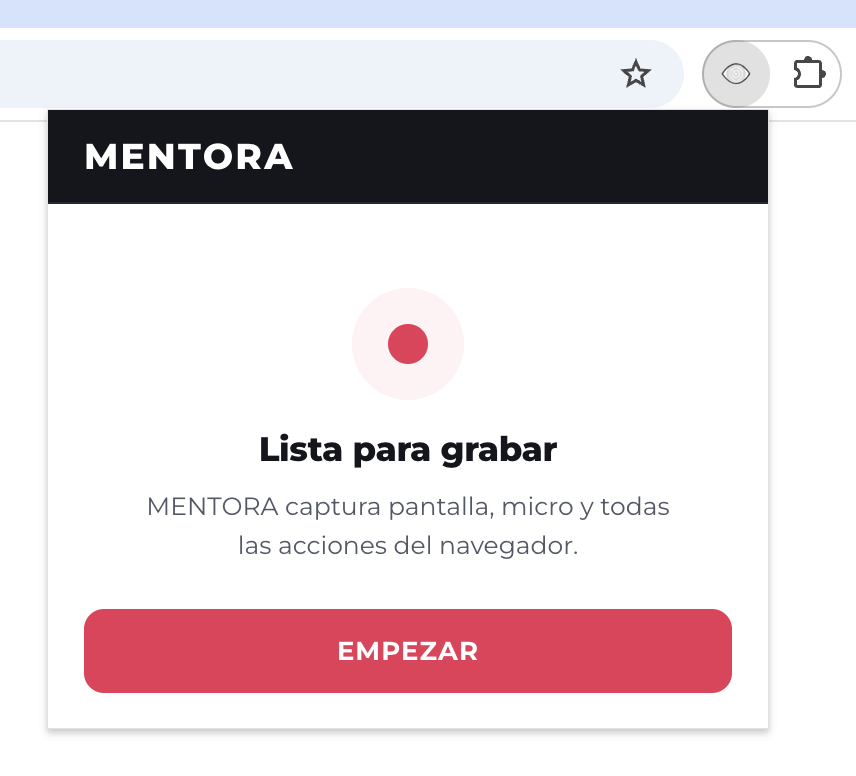 Popup de MENTORA listo para iniciar una grabación