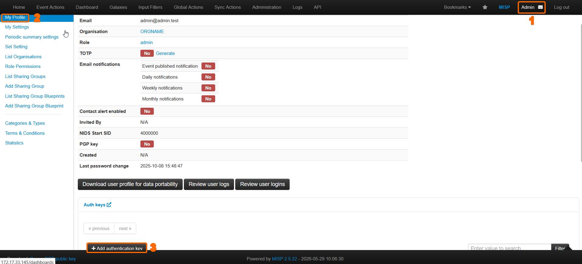 Creación de una clave de autenticación API desde el perfil de administrador de MISP