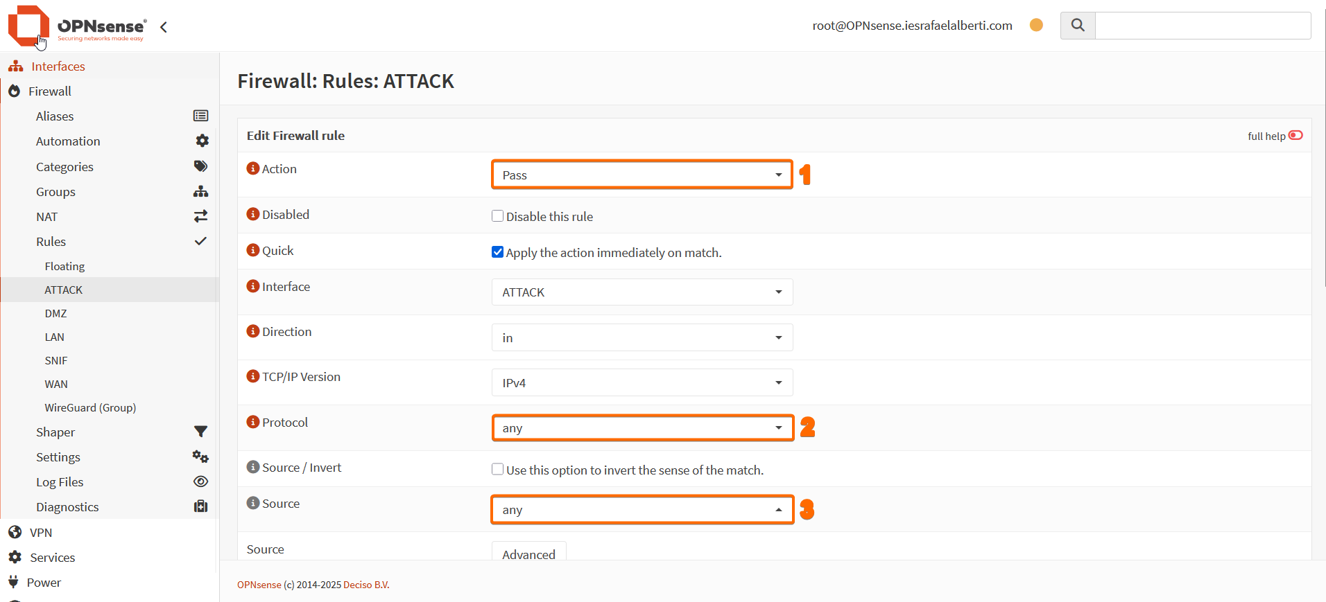 Formulario de creación de una regla de firewall