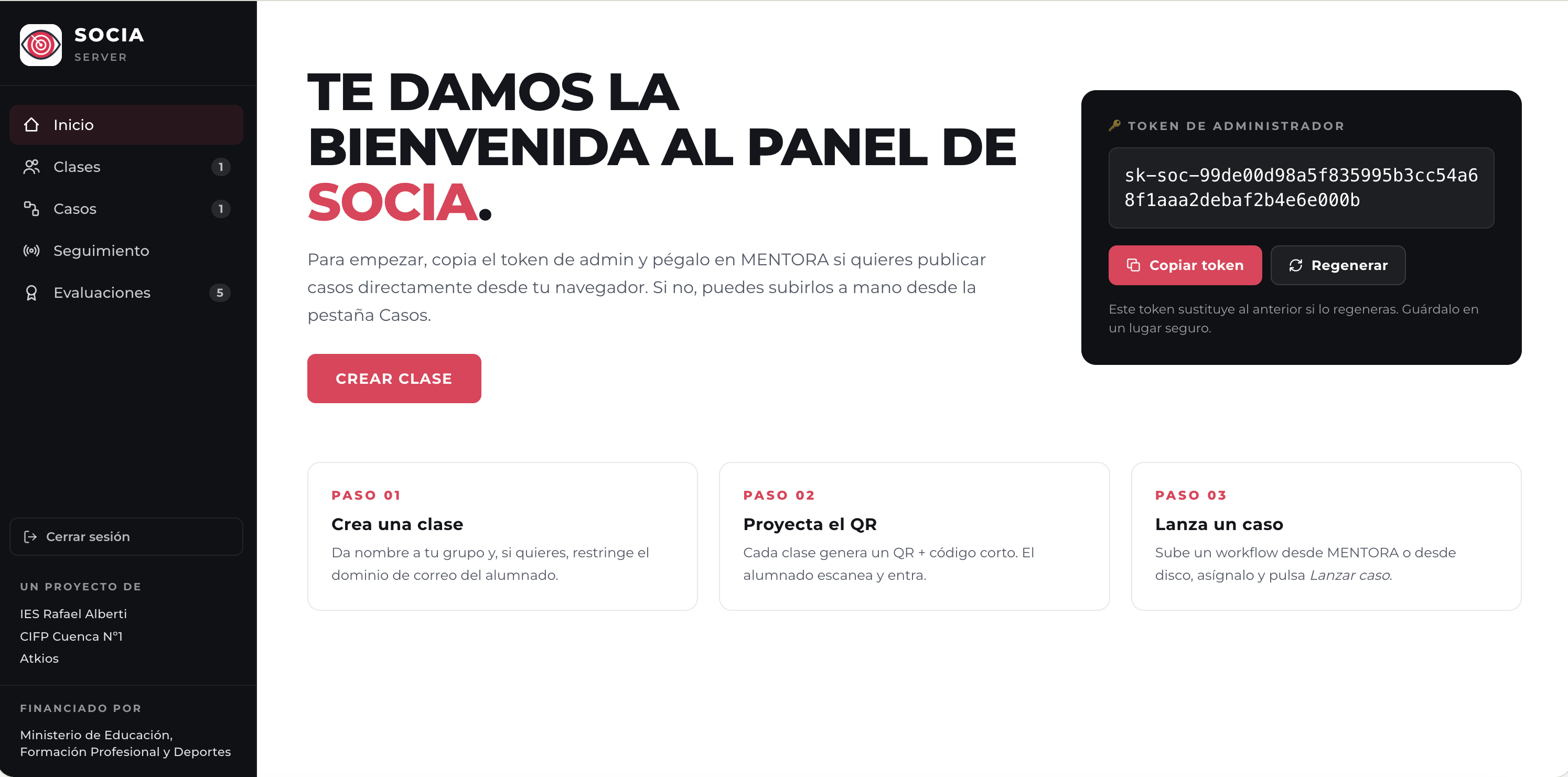 Pestaña Inicio del panel con la tarjeta del token de administrador