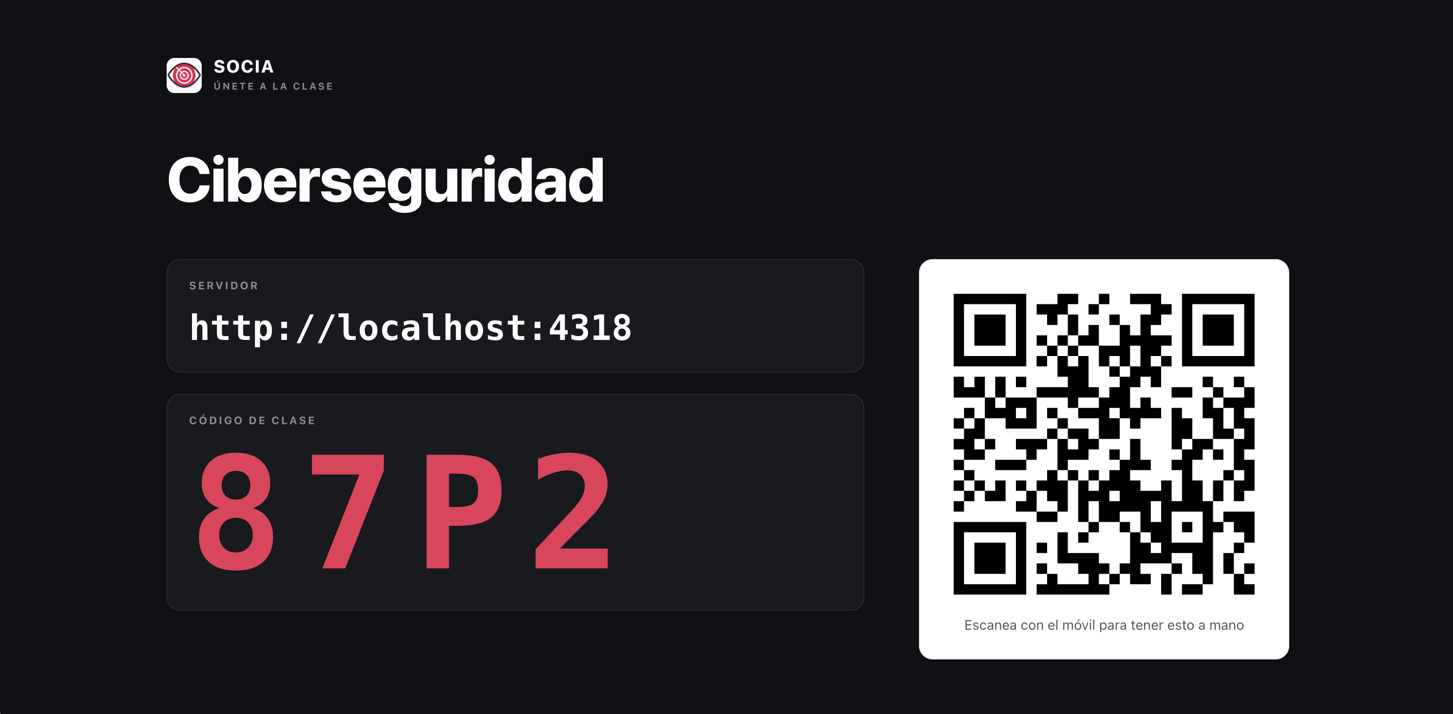 Página de acceso a la clase en modo proyección, con el código y el QR
