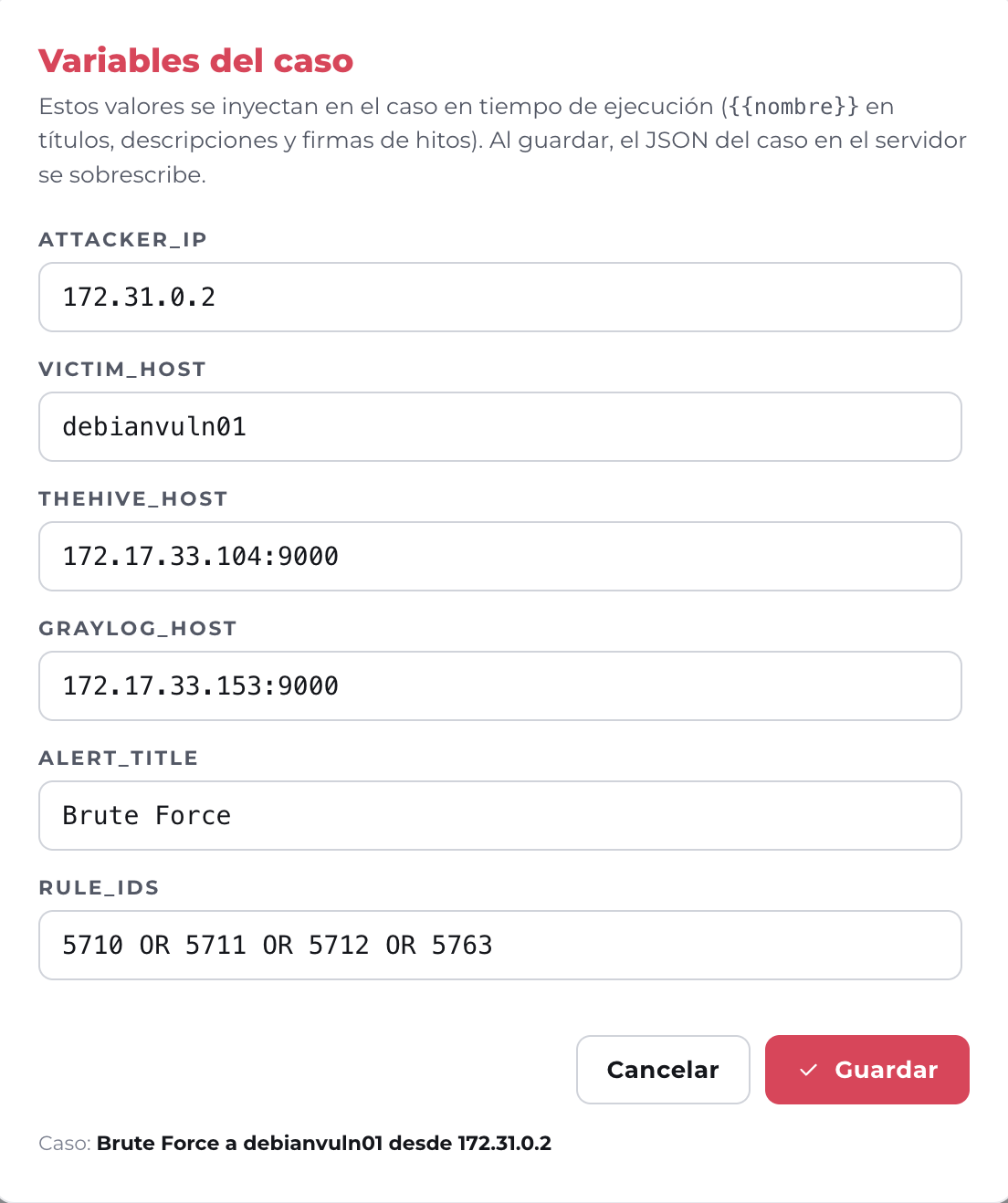Ventana de variables de un caso con sus valores editables