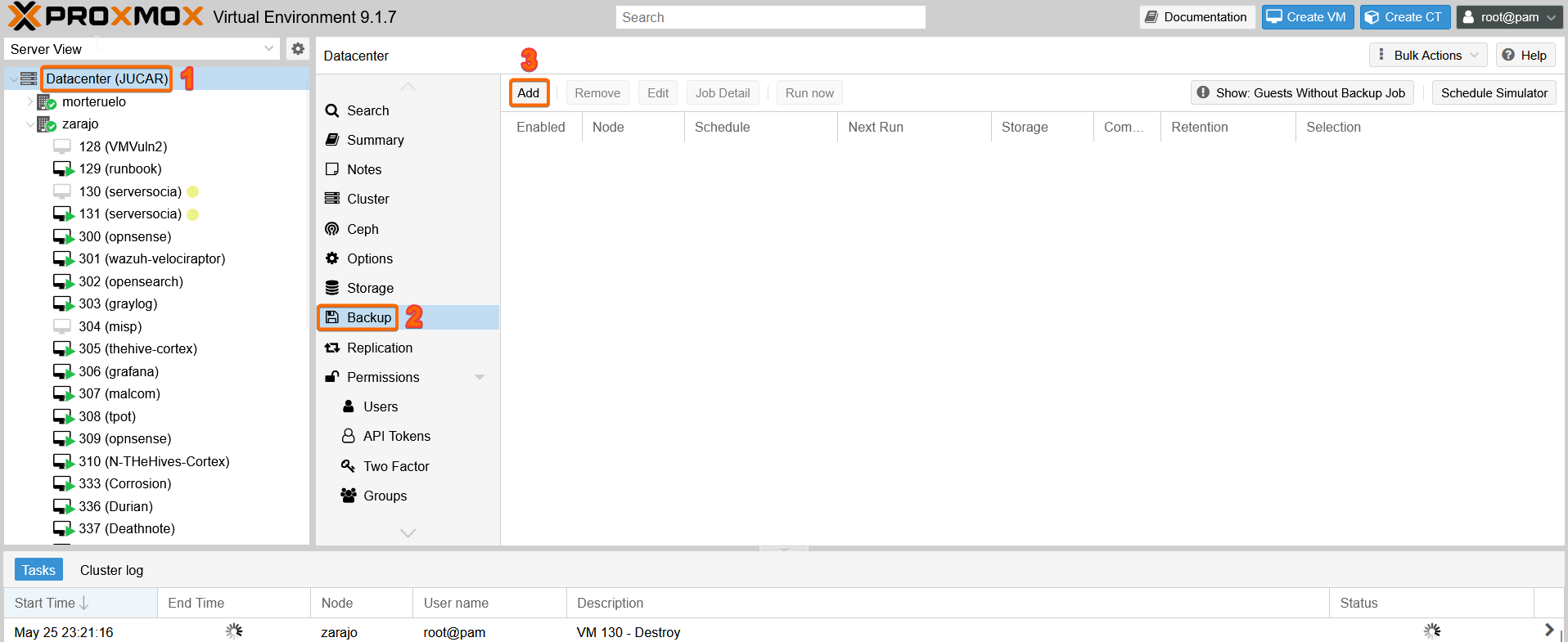 Añadir un job de backup en Proxmox desde Datacenter, sección Backup