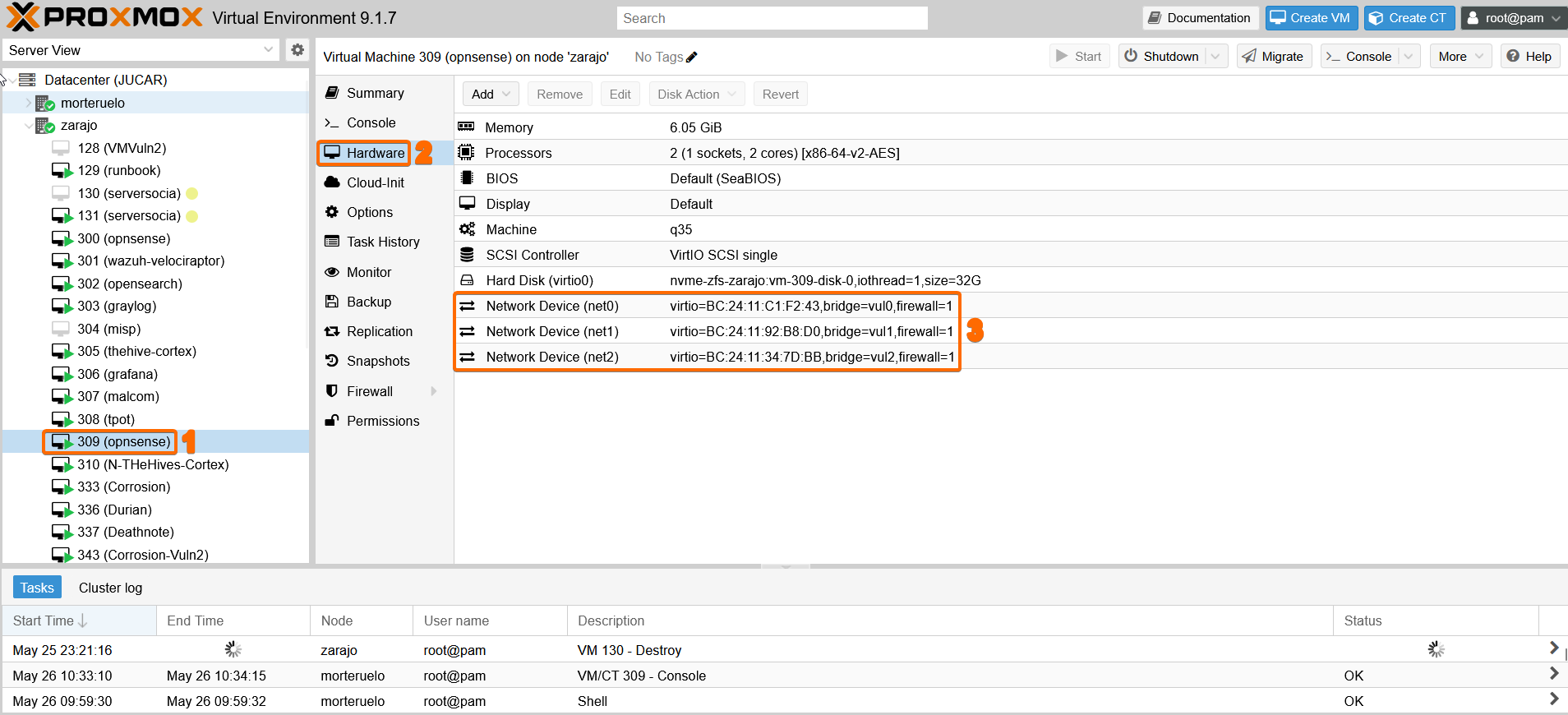 Vista Hardware de una VM en Proxmox mostrando sus interfaces de red