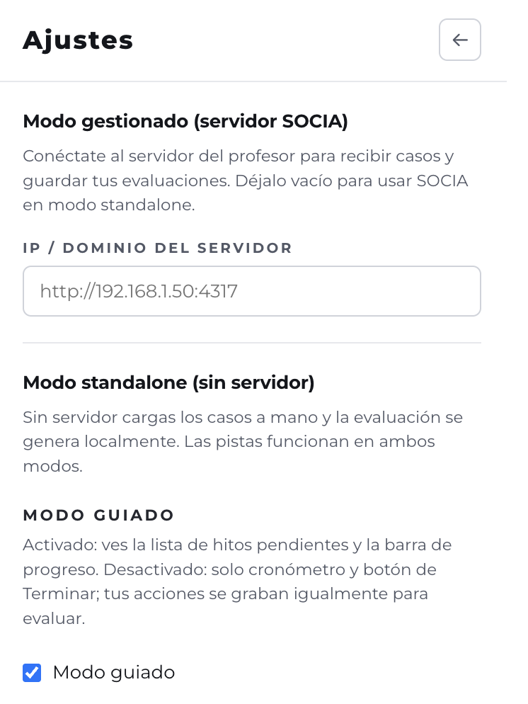 Ajustes de SOCIA con la configuración del servidor, el modo sin servidor y la opción de modo guiado
