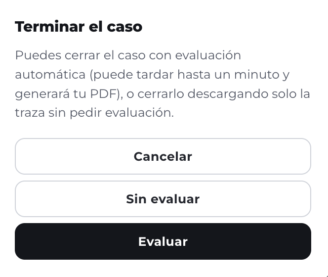 Diálogo Terminar el caso de SOCIA con las opciones Cancelar, Sin evaluar y Evaluar