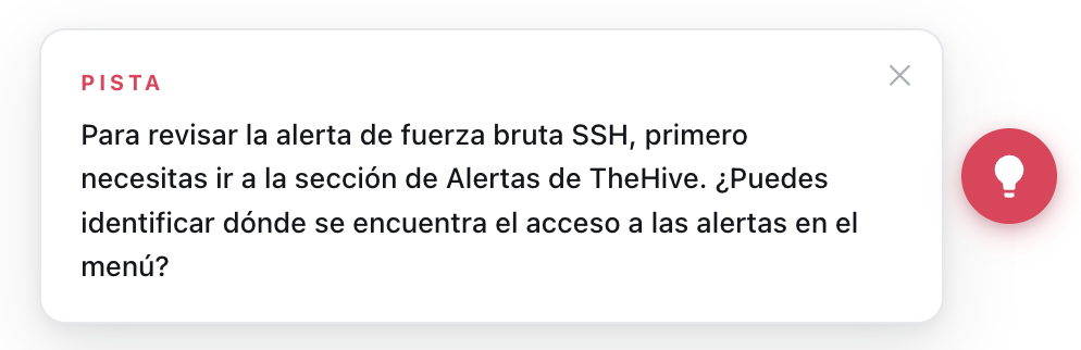 Pista de SOCIA sobre la revisión de una alerta en TheHive junto al botón flotante para pedir ayuda