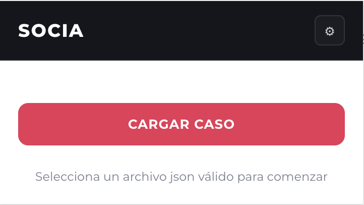 Popup de SOCIA sin un caso activo, con el botón Cargar caso y el acceso a Ajustes