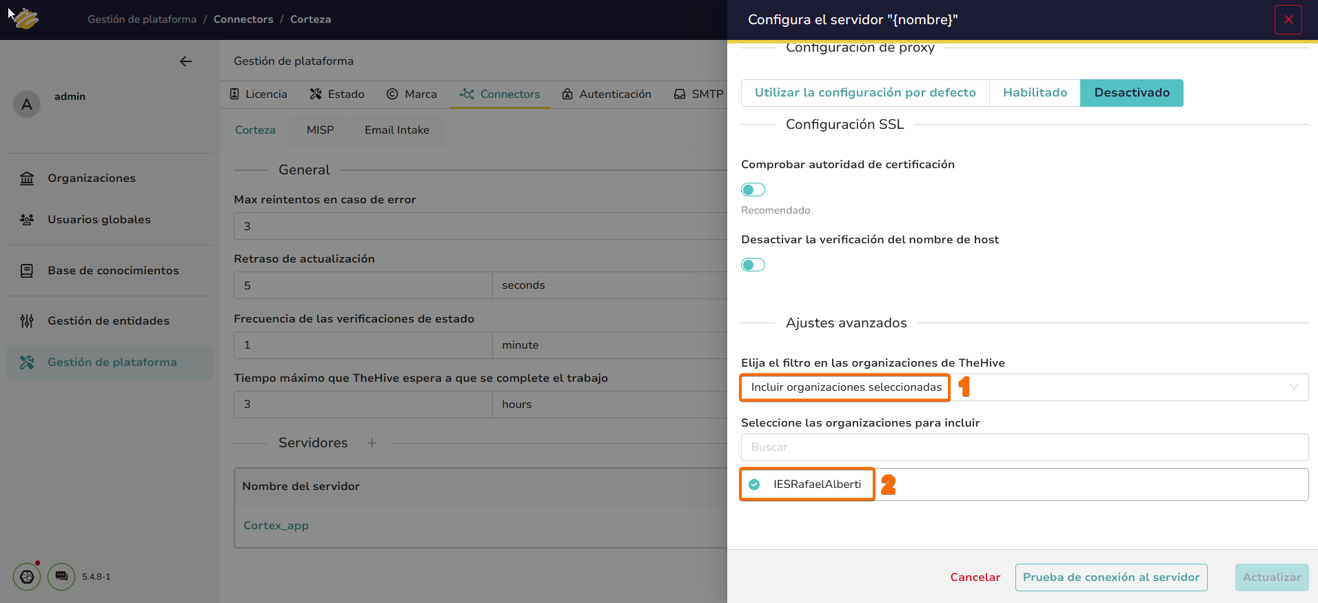 Selección de organizaciones incluidas para el conector Cortex