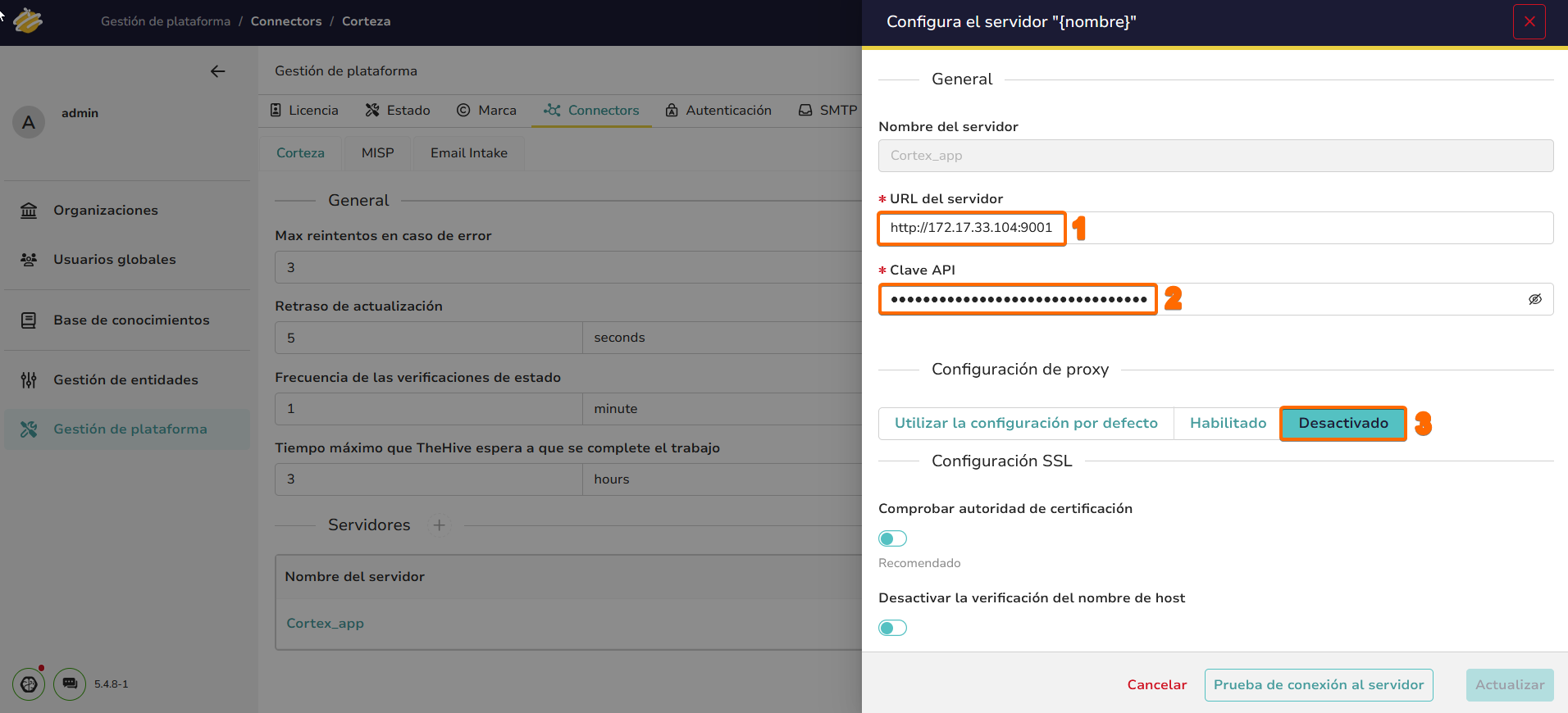 Configuración del conector Cortex con URL y clave API