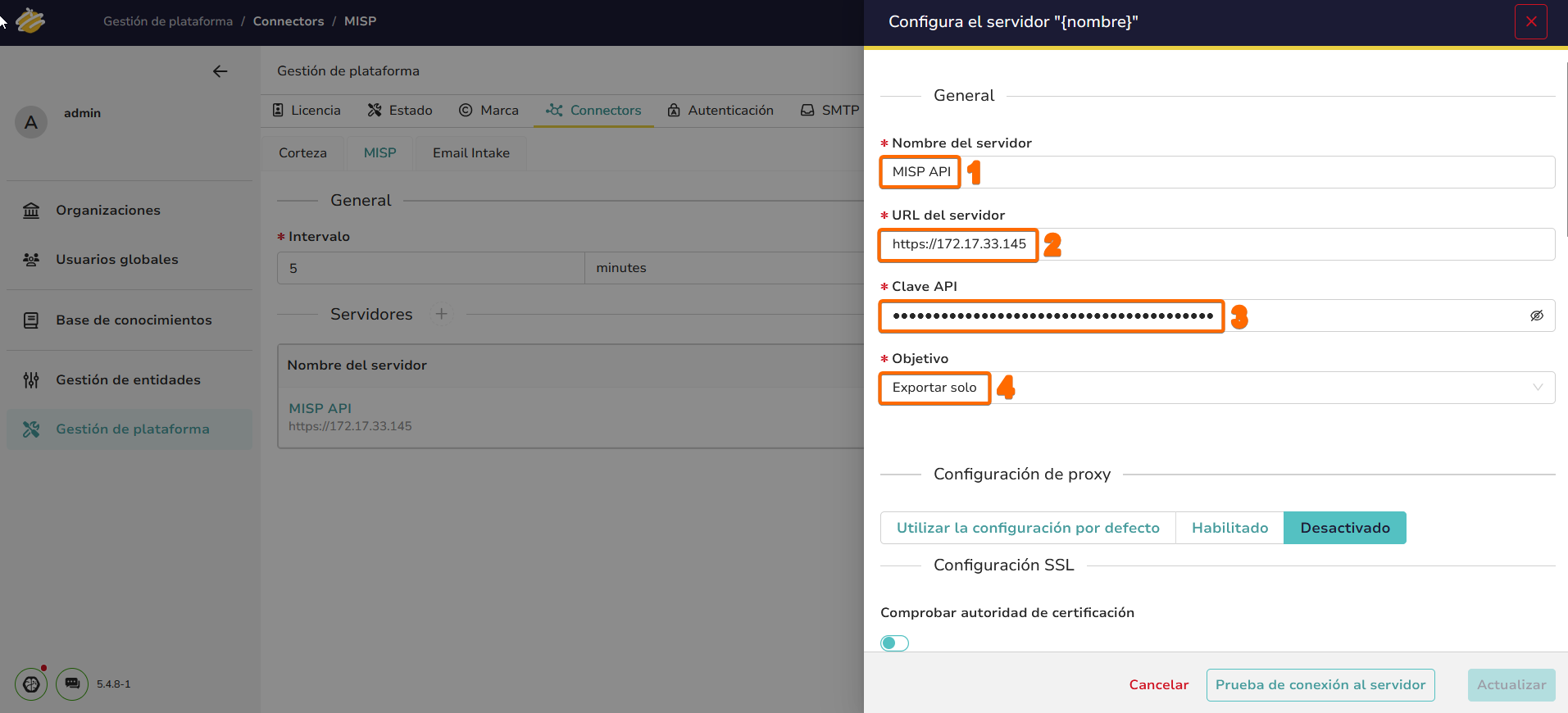 Configuración del conector MISP con URL, clave API y modo exportar solo