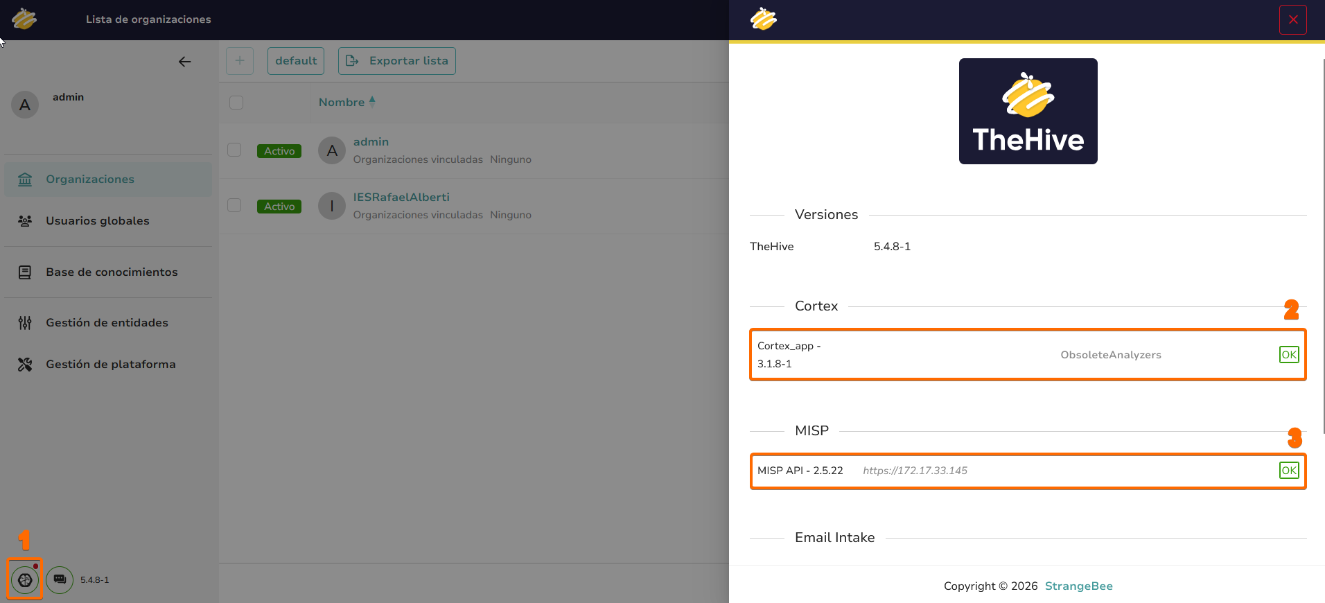 Panel de conectores de TheHive con Cortex y MISP en estado OK