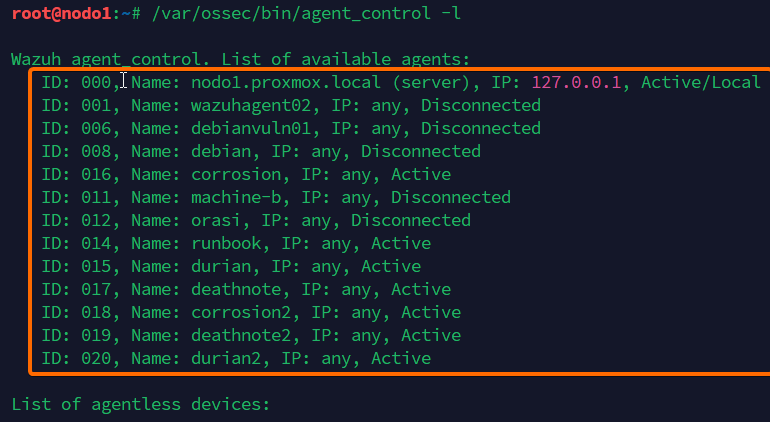 Salida de agent_control -l con el listado de agentes Wazuh registrados